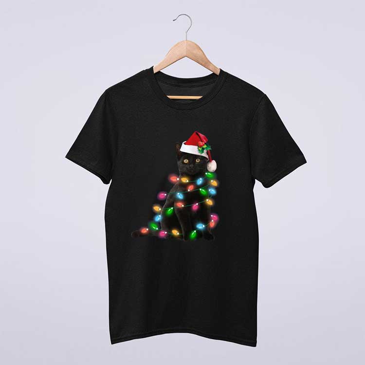 Black Cat Christmas Light Funny Cat Lover Christmas T Shirt