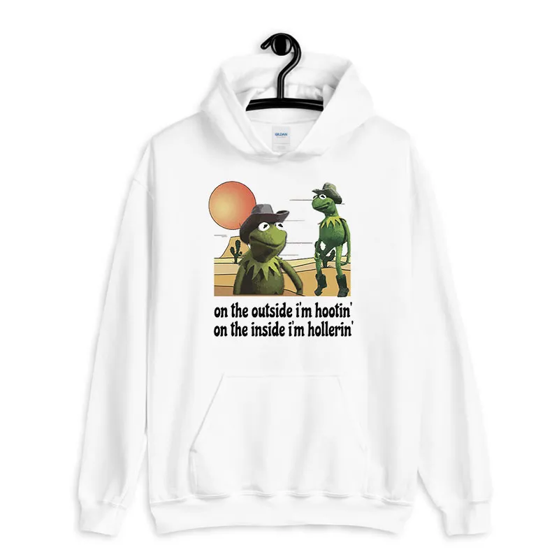 White Hoodie Funny Cowboy Kermit Hootin And Hollerin Meme Shirt
