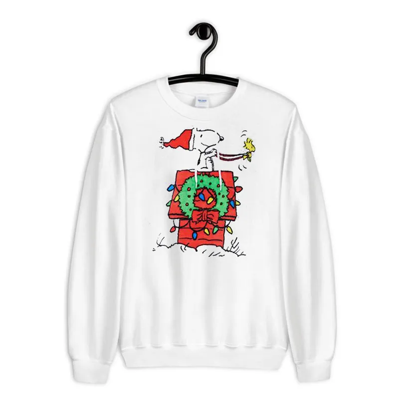 White Sweatshirt Snoopy House Sleigh Fuzzy Graphic Peanuts Christmas Hoodie
