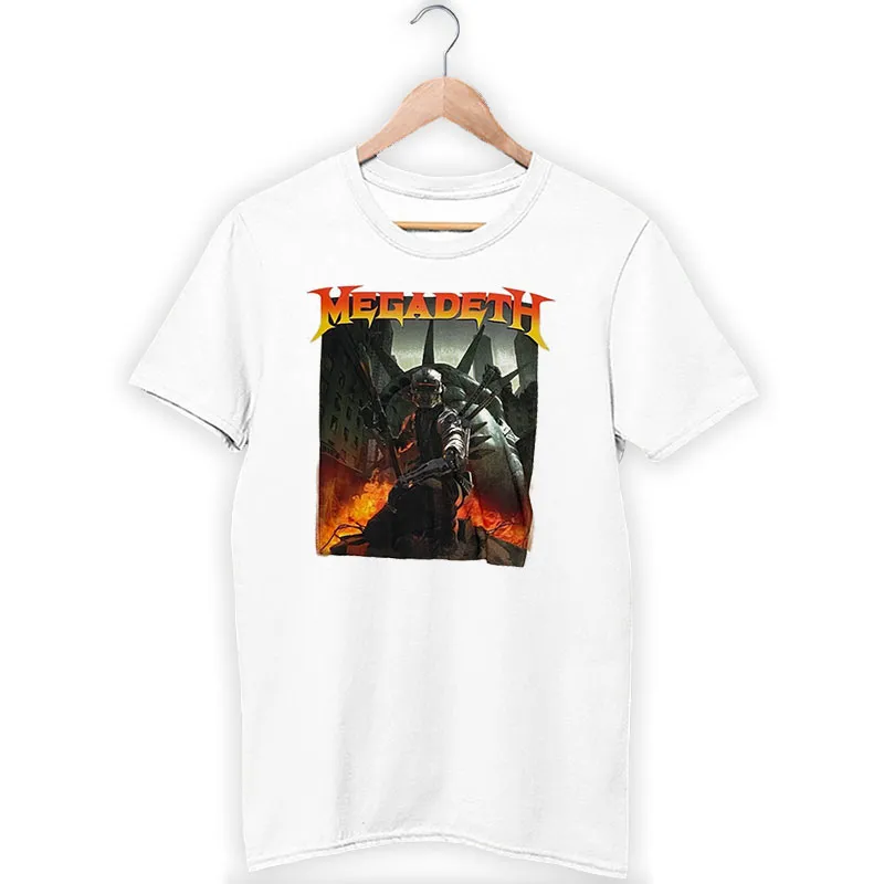 White T Shirt Music Japanese Statue Liberty Fire City Megadeth Sweatshirt