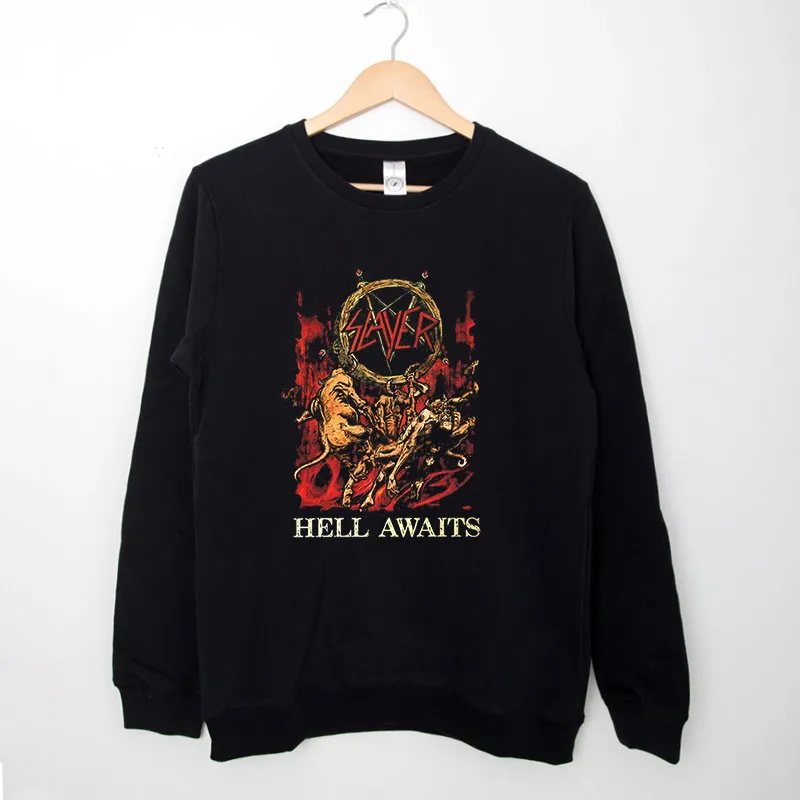 Black Sweatshirt Retro Metal Slayer Hell Awaits Shirt